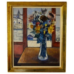 Vintage 1960s, Charles Levier Painting "Fleurs Devant Le Port"