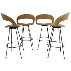 Vintage Wicker and Wrought Iron Barstools c. 1960