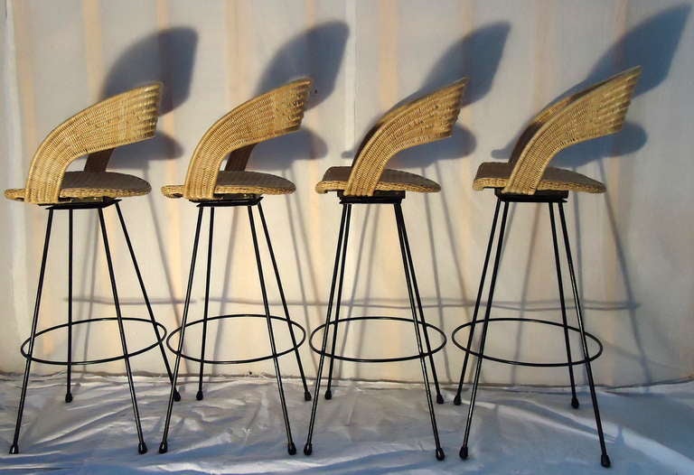 Wicker and Wrought Iron Barstools c. 1960 In Excellent Condition In Camden, ME