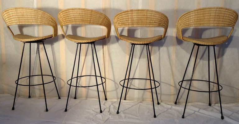 Cane Wicker and Wrought Iron Barstools c. 1960