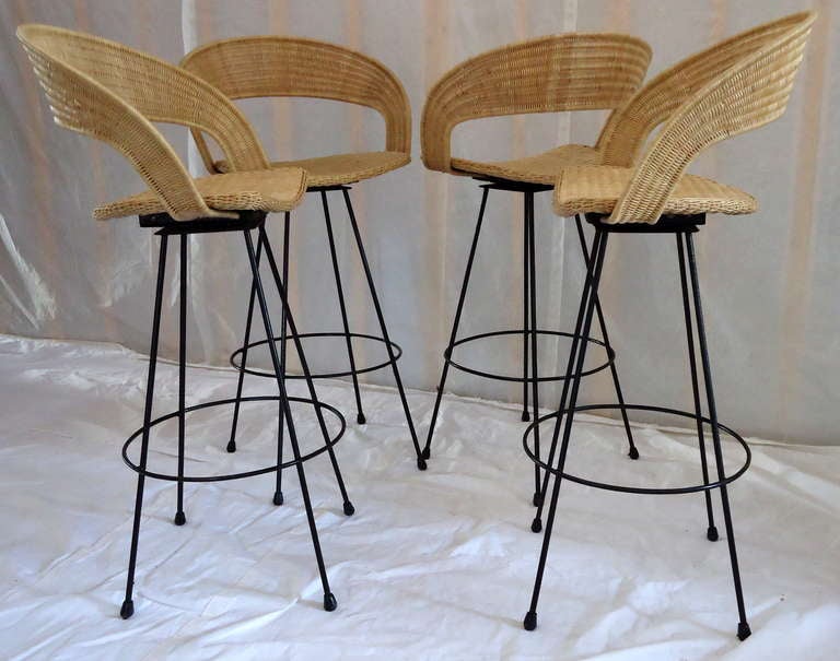 Mid-20th Century Wicker and Wrought Iron Barstools c. 1960