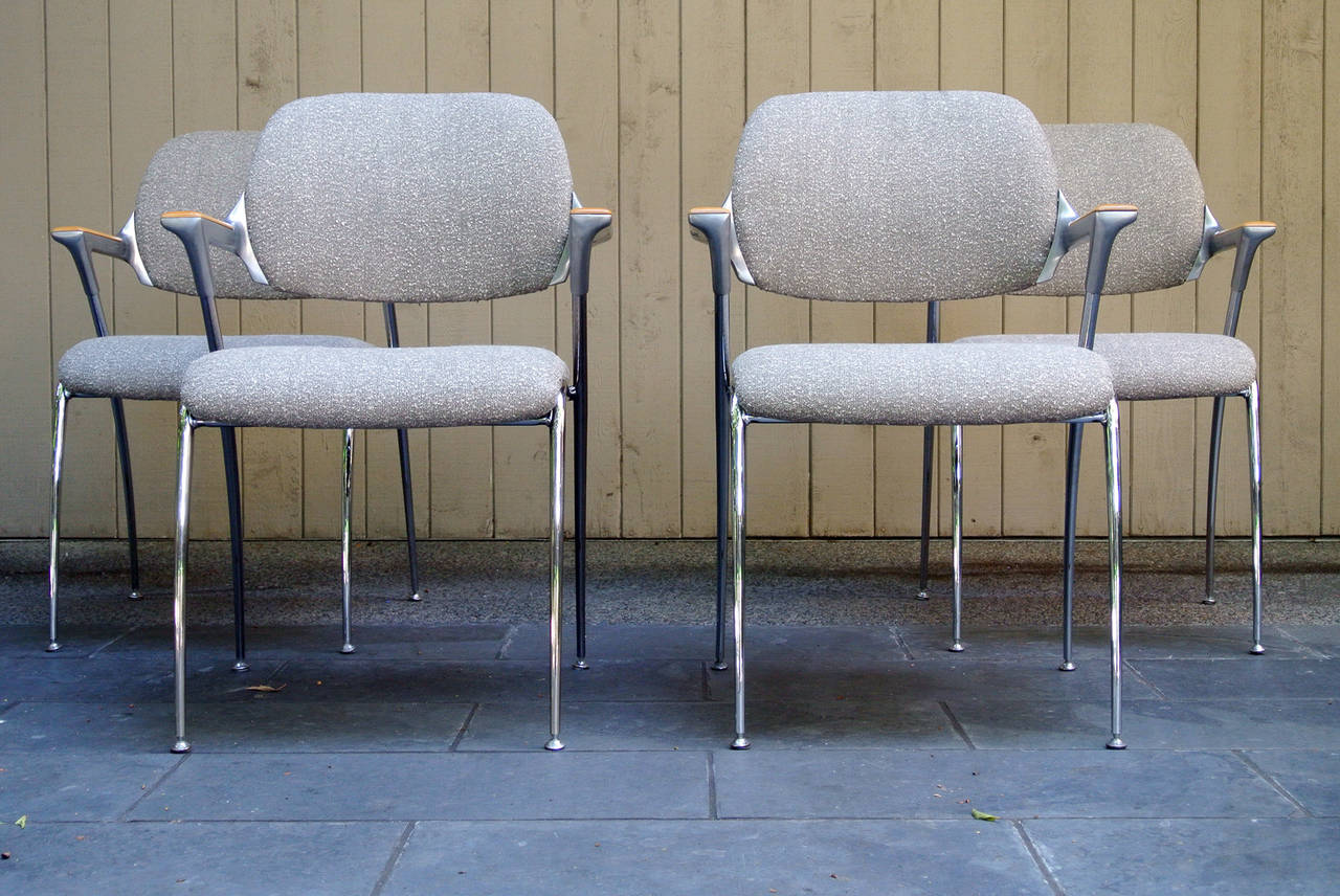 Four Aluminum, Chrome and Birchwood Armchairs designed by Francesco Zaccone for Thonet in the early 1970s - from the Bonanza, Casino, in Las Vegas, Nevada 
The chairs have been professionally polished and re-upholstered. The birch armrests have also
