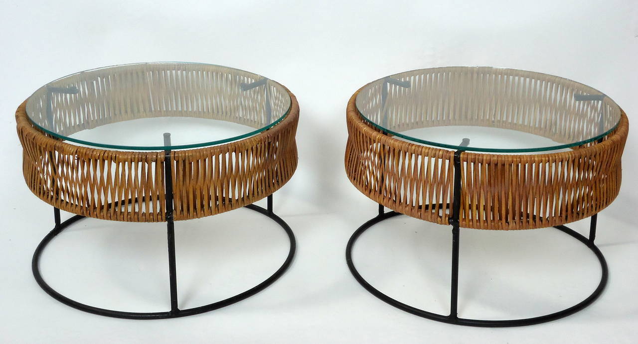 Mid-Century Modern Pair of Wrought Iron and Bamboo End Tables Arthur Umanoff for Bruce Goff