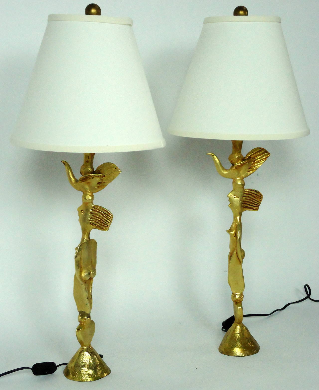 Mid-Century Modern Rare Pair of Pierre Casenove Gold Leafed Cast Bronze Table Lamps, circa 1992