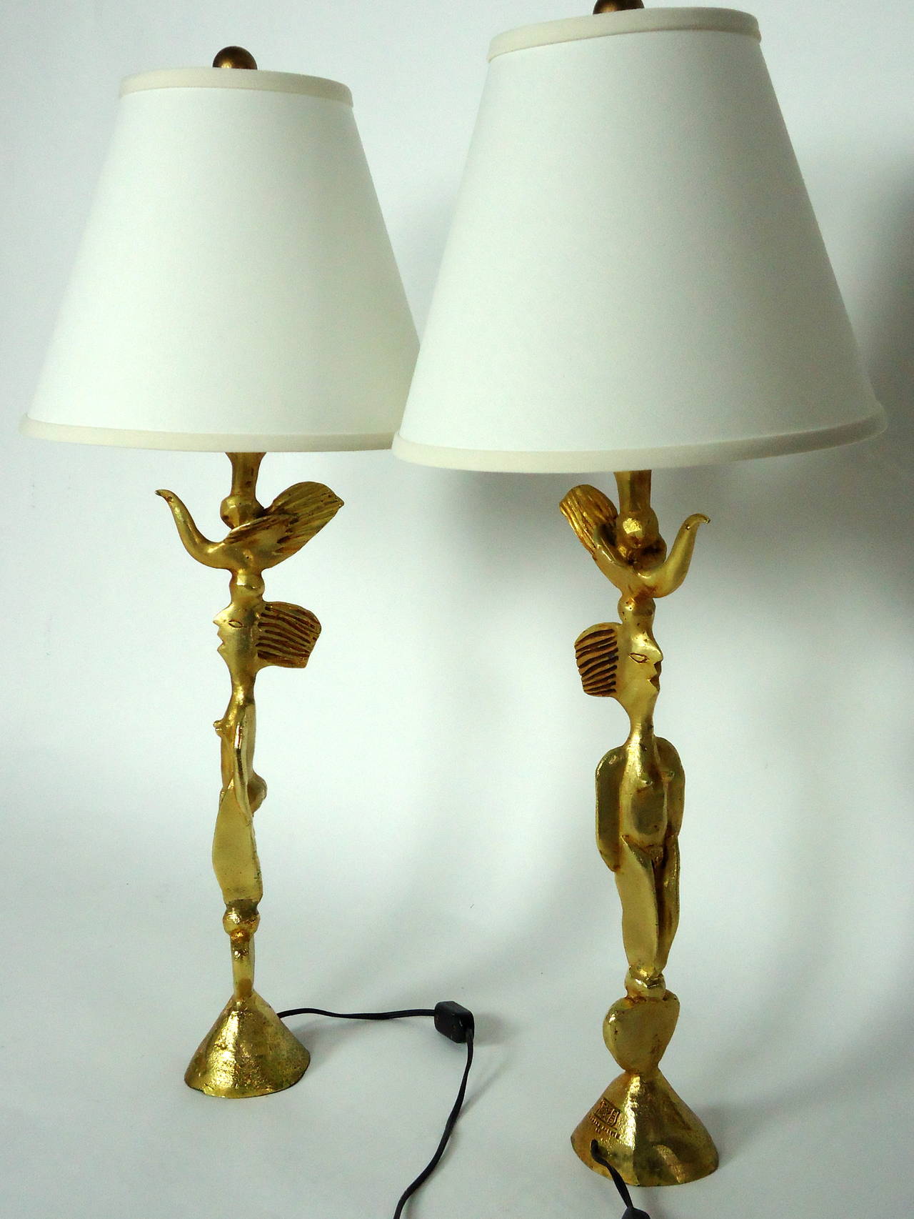 Elegant cast bronze table lamps by Pierre Casenove created at the Fondica Foundry in Paris in 1992. 
Both bear full foundry stamps and have replaced light sockets and shades.
The lamps are in excellent condition.