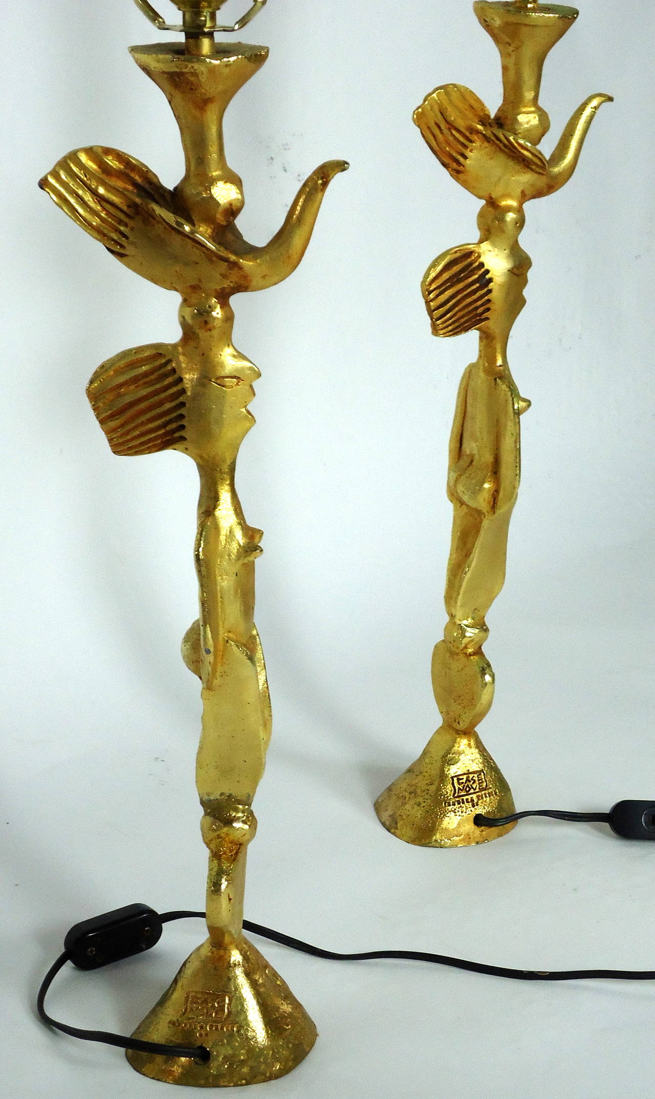 French Rare Pair of Pierre Casenove Gold Leafed Cast Bronze Table Lamps, circa 1992