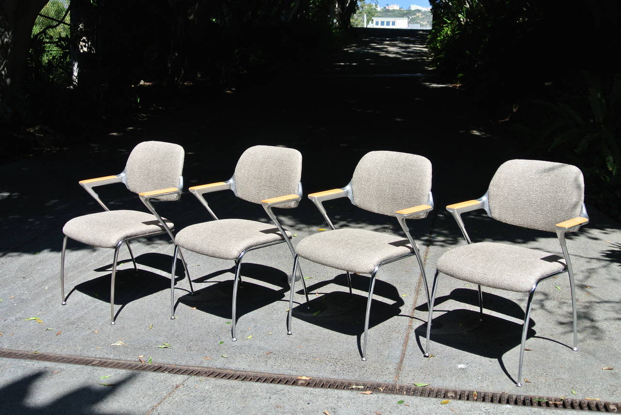 Late 20th Century  Thonet Armchairs, 4 Aluminum & Chrome and Birchwood crafted chairs, circa 1970