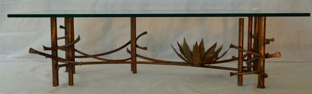  Silas Seandel style Patinated Copper Glass Lotus Coffee Table, circa 1960 1