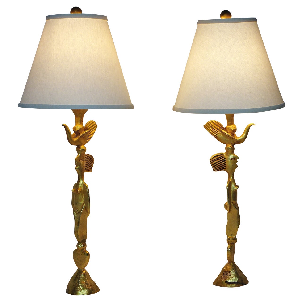 Rare Pair of Pierre Casenove Gold Leafed Cast Bronze Table Lamps, circa 1992