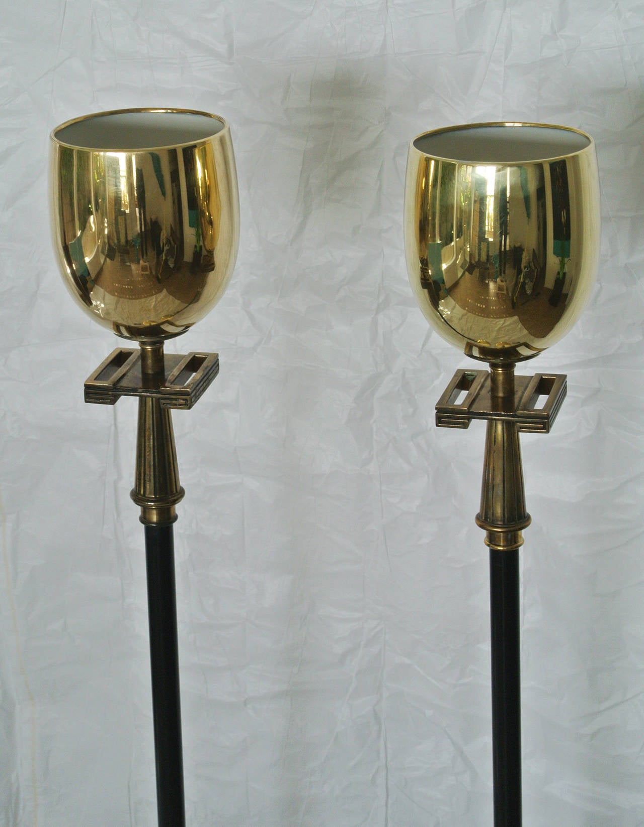 Stiffel Pair of Brass Torchere Floor Lamps with Greek Key Design  1940s In Excellent Condition In Camden, ME