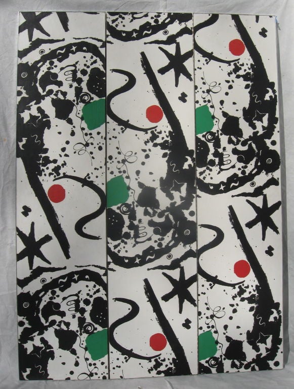 Light-hearted and fun, the three-panel folding floor screen is clad with silk screened wallpaper designed in 1949 by Alexander Calder for Laverne International's  