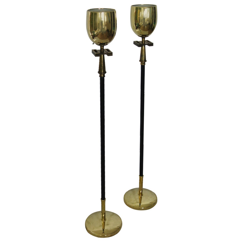 Stiffel Pair of Brass Torchere Floor Lamps with Greek Key Design  1940s