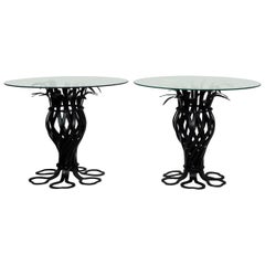 Salterini Style Pair of Woven Wrought Iron Pineapple End Tables, circa 1970