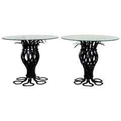 Vintage Salterini Style Pair of Woven Wrought Iron Pineapple End Tables, circa 1970