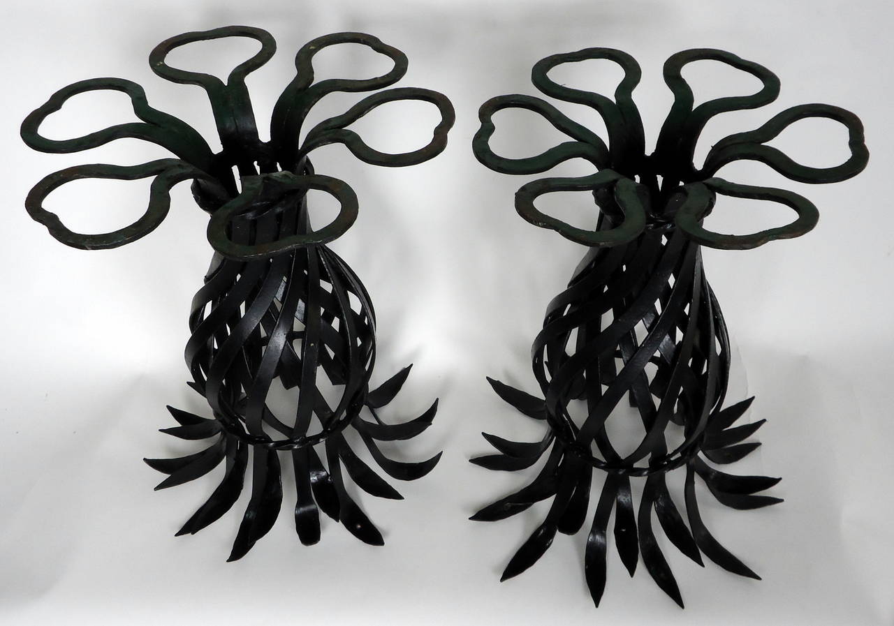 Mid-Century Modern Salterini Style Pair of Woven Wrought Iron Pineapple End Tables, circa 1970