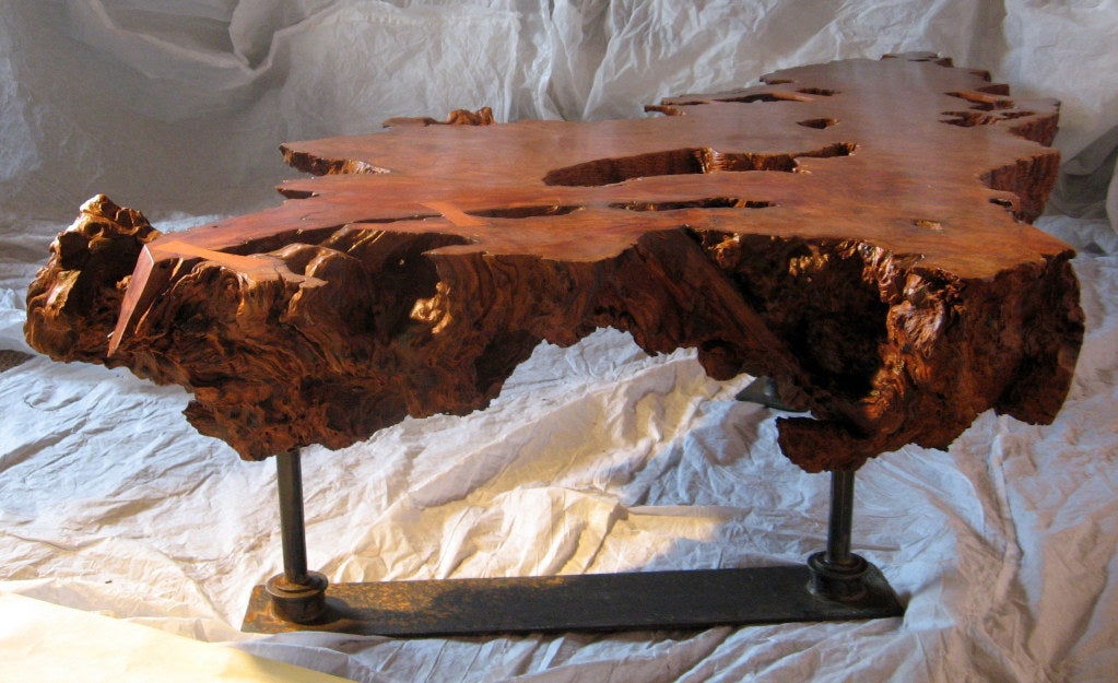Carved Monumental Oregon Redwood and Iron Live Edge Cocktail Table, 1960-2007 For Sale