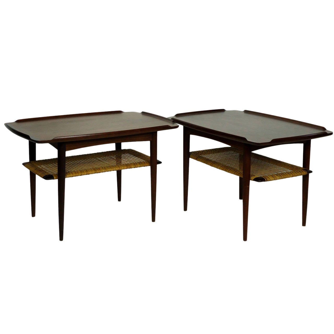 Danish Poul Jensen Selig Matched Pair of End Tables Teak and Cane Denmark 1950's