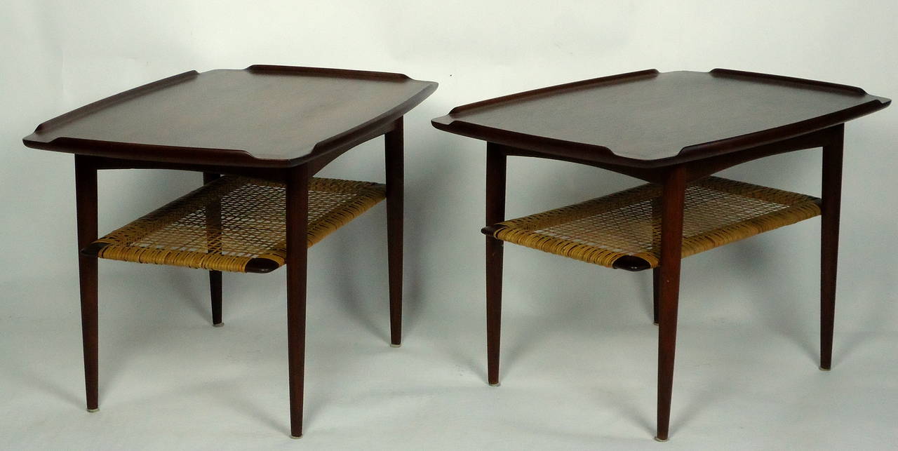 Mid-Century Modern Poul Jensen Selig Matched Pair of End Tables Teak and Cane Denmark 1950's