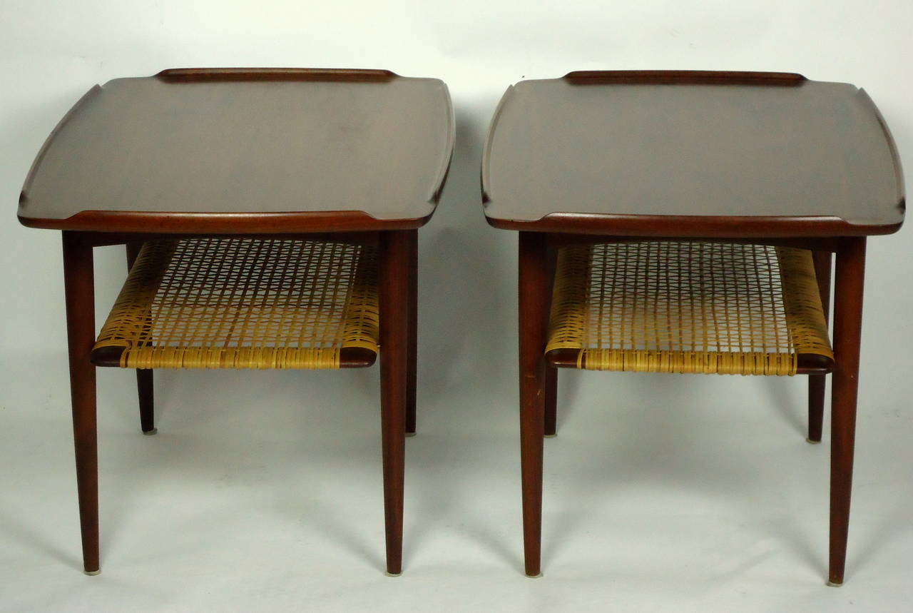 Carved Poul Jensen Selig Matched Pair of End Tables Teak and Cane Denmark 1950's