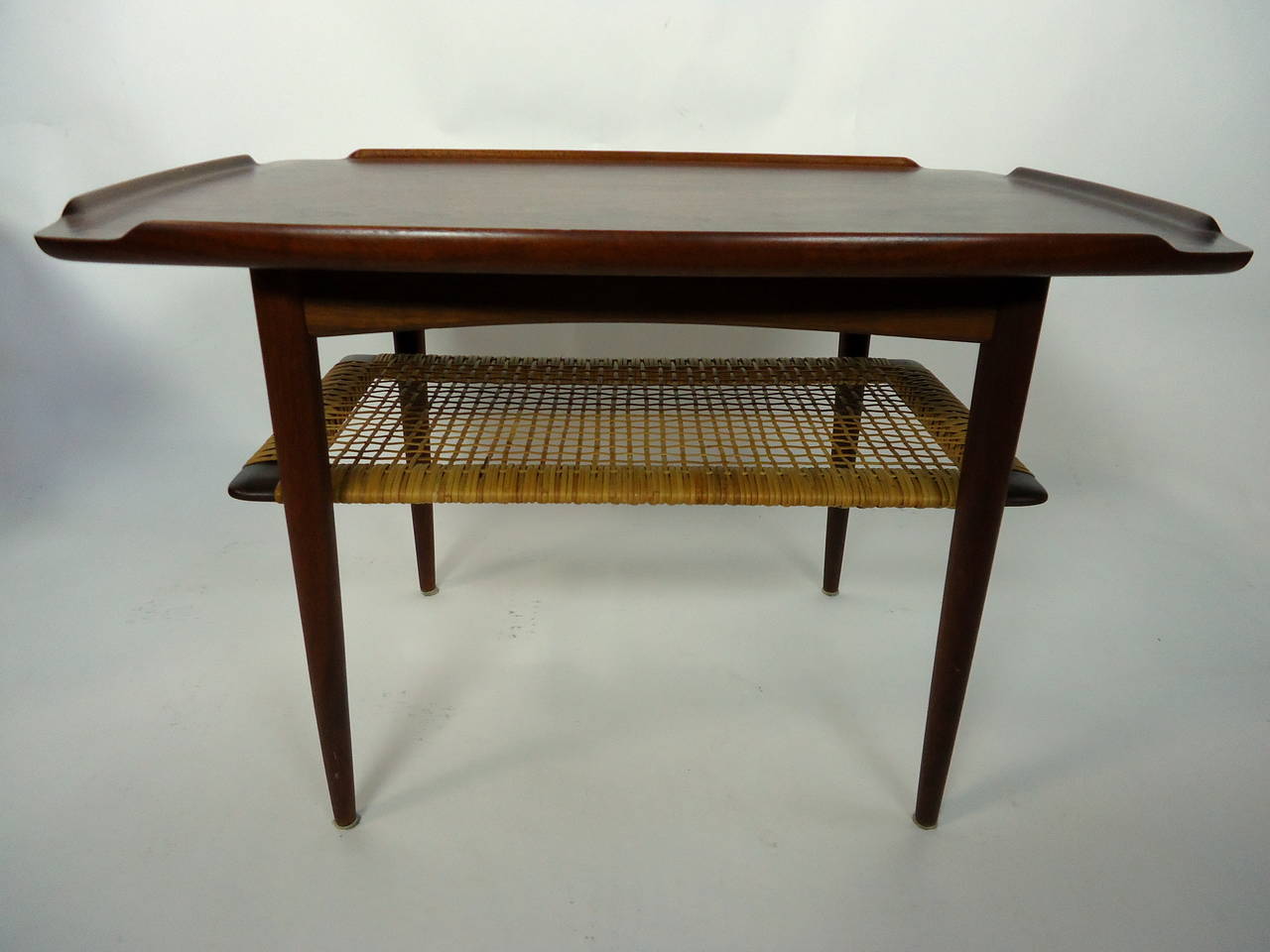 Poul Jensen Selig Matched Pair of End Tables Teak and Cane Denmark 1950's In Excellent Condition In Camden, ME