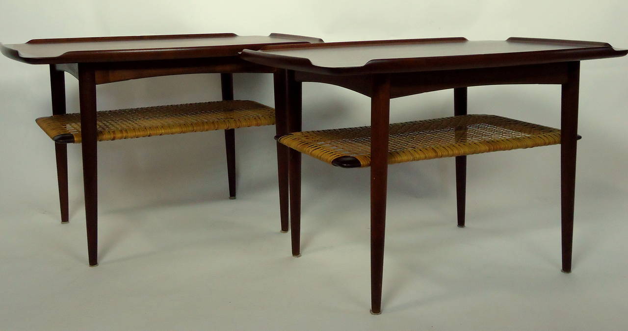 Poul Jensen Selig Matched Pair of End Tables Teak and Cane Denmark 1950's 1