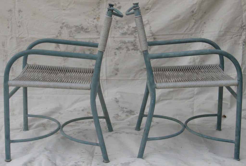 A pair of early lounge chairs from the Santa Barbara studio workshop of Robert Lewis. 
The chair frames are in excellent vintage condition with polyester rope which could easily be replaced.