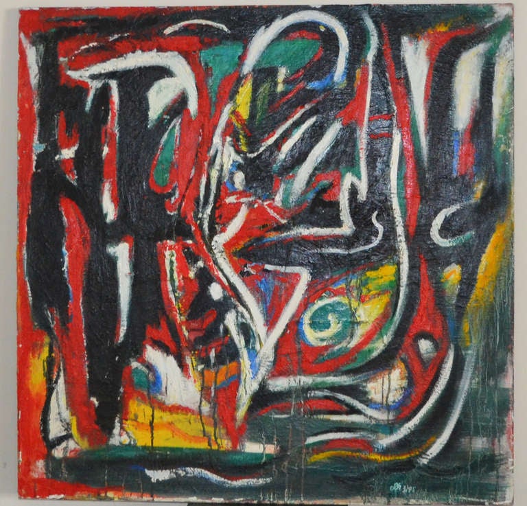 A bold and colorful abstract artwork from DK with lots of texture and layering of paint on canvas. 
An interesting Brutalist painting from the mid-1990s, a cross between street art graffiti and the more formal aspects of neo-expressionism. 
The