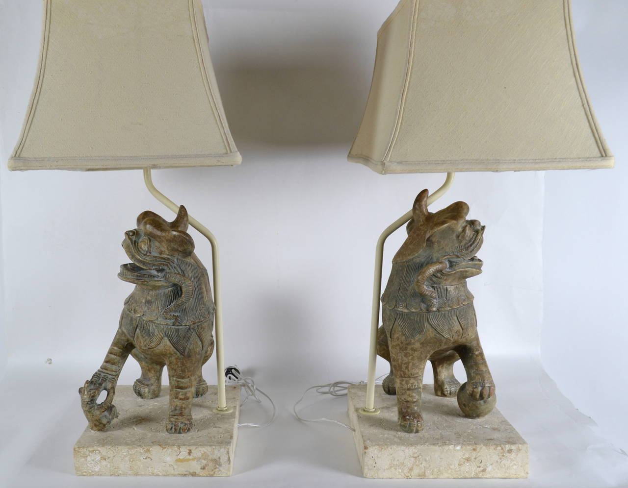 Pair of Ceramic Foo Dog Lamps on Coral Stone Bases, circa 1960 In Good Condition In Camden, ME