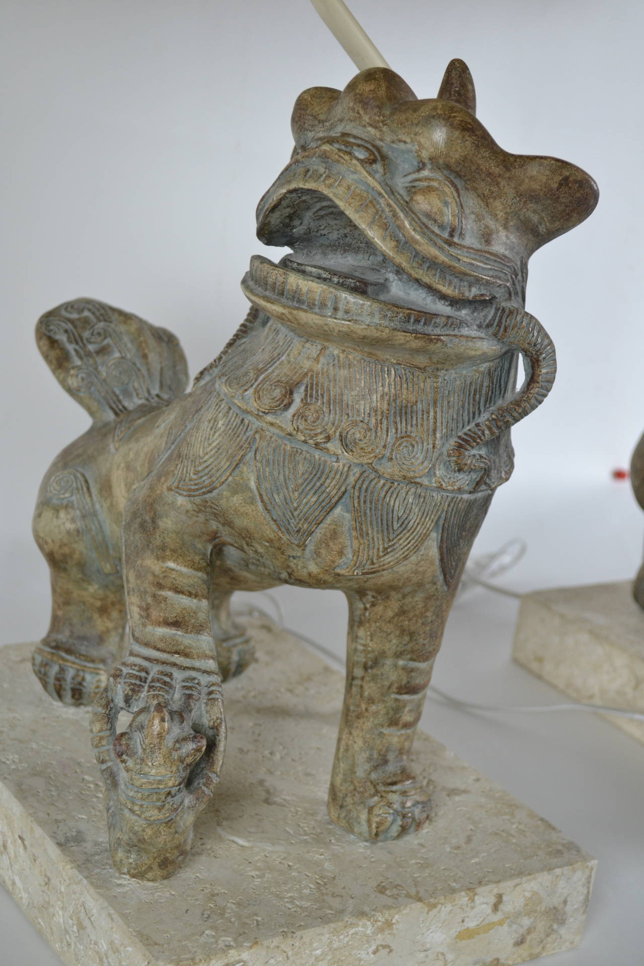 Mid-20th Century Pair of Ceramic Foo Dog Lamps on Coral Stone Bases, circa 1960