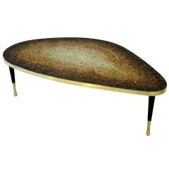 Mahogany  and Brass Mosaic Cocktail Table Genaro Mexico 1950's