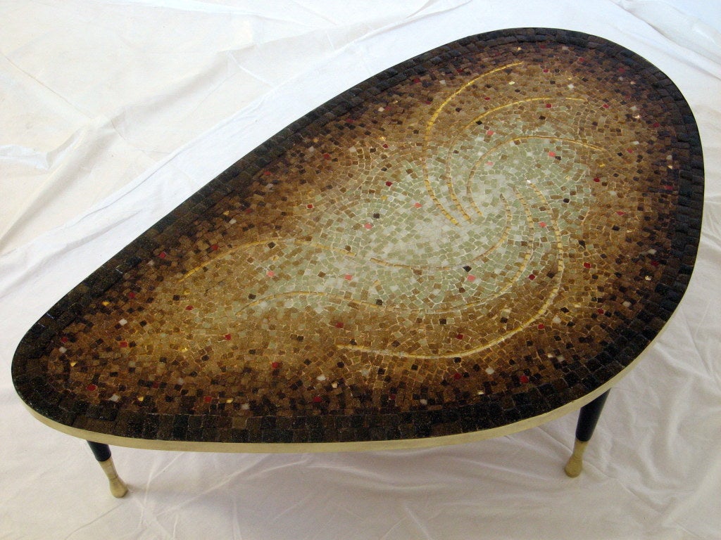 Mahogany  and Brass Mosaic Cocktail Table Genaro Mexico 1950's 2