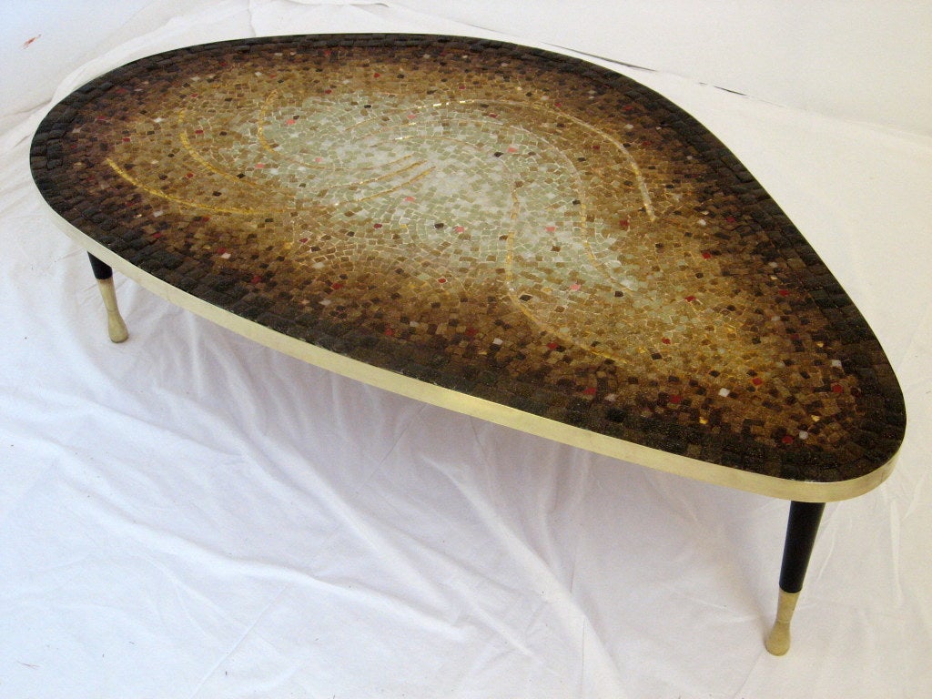 Mexican Mahogany  and Brass Mosaic Cocktail Table Genaro Mexico 1950's