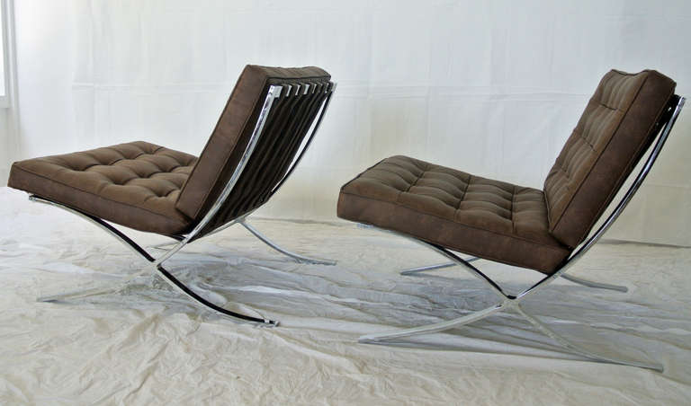 Mid-Century Modern Knoll Barcelona Style Chairs, solid flat bar chrome construction, 1970s 