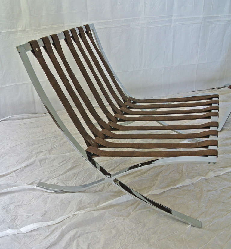 Knoll Barcelona Style Chairs, solid flat bar chrome construction, 1970s  In Good Condition In Camden, ME