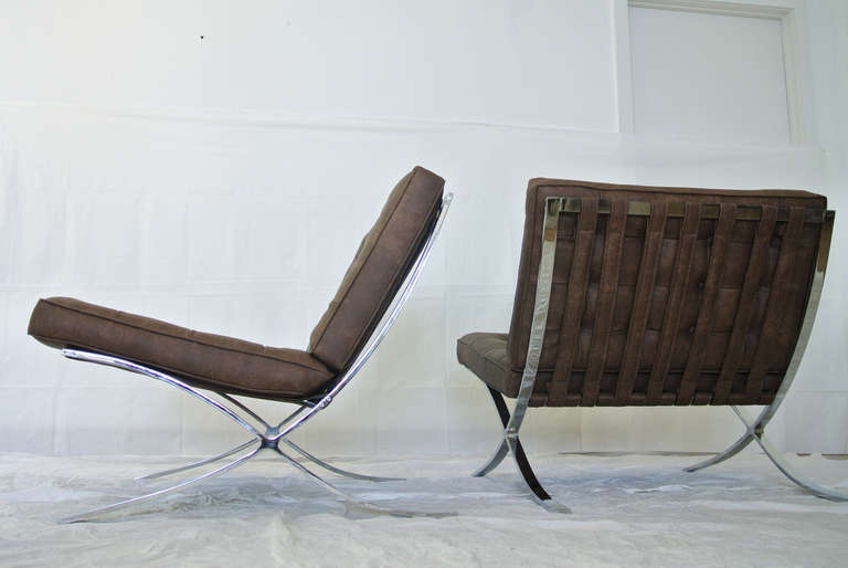 American Knoll Barcelona Style Chairs, solid flat bar chrome construction, 1970s 