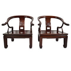 Exquisite Pair of Hand-Carved Ming Style Rosewood Lounge Chairs, circa 1960