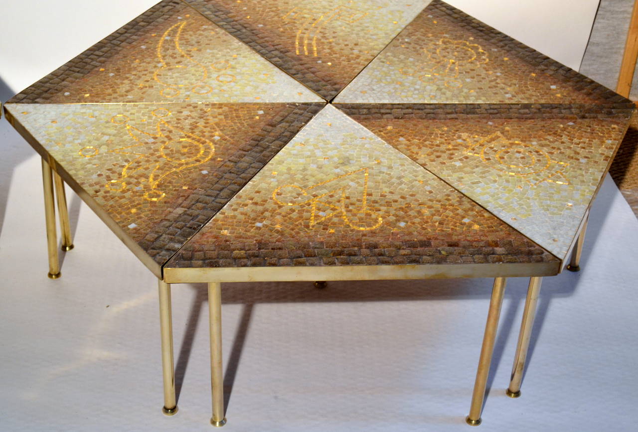 Mid-Century Modern Rare Genaro Alvarez Brass and Glass Tile Six-Piece Mosaic Coffee Table, Mexico