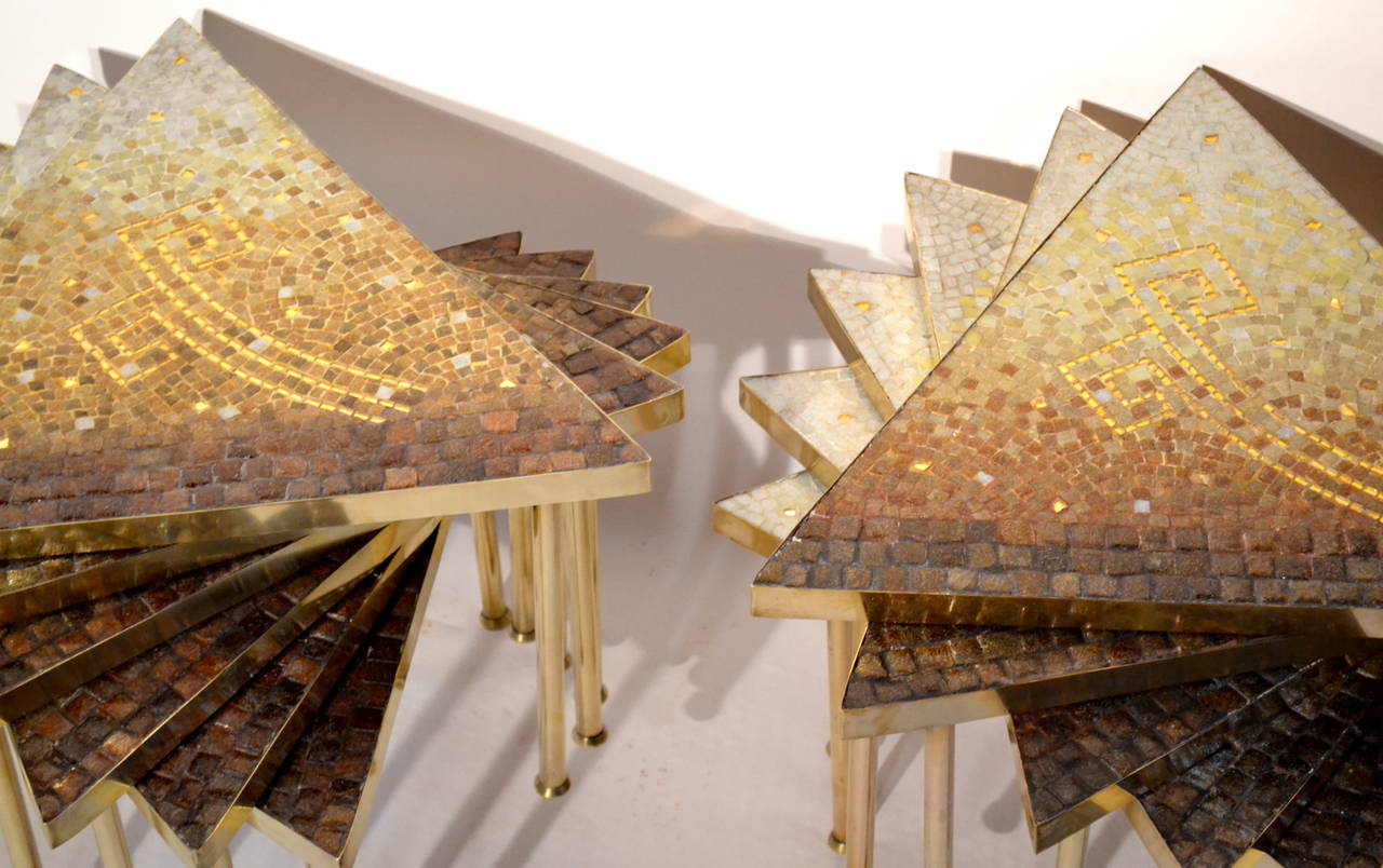 20th Century Rare Genaro Alvarez Brass and Glass Tile Six-Piece Mosaic Coffee Table, Mexico