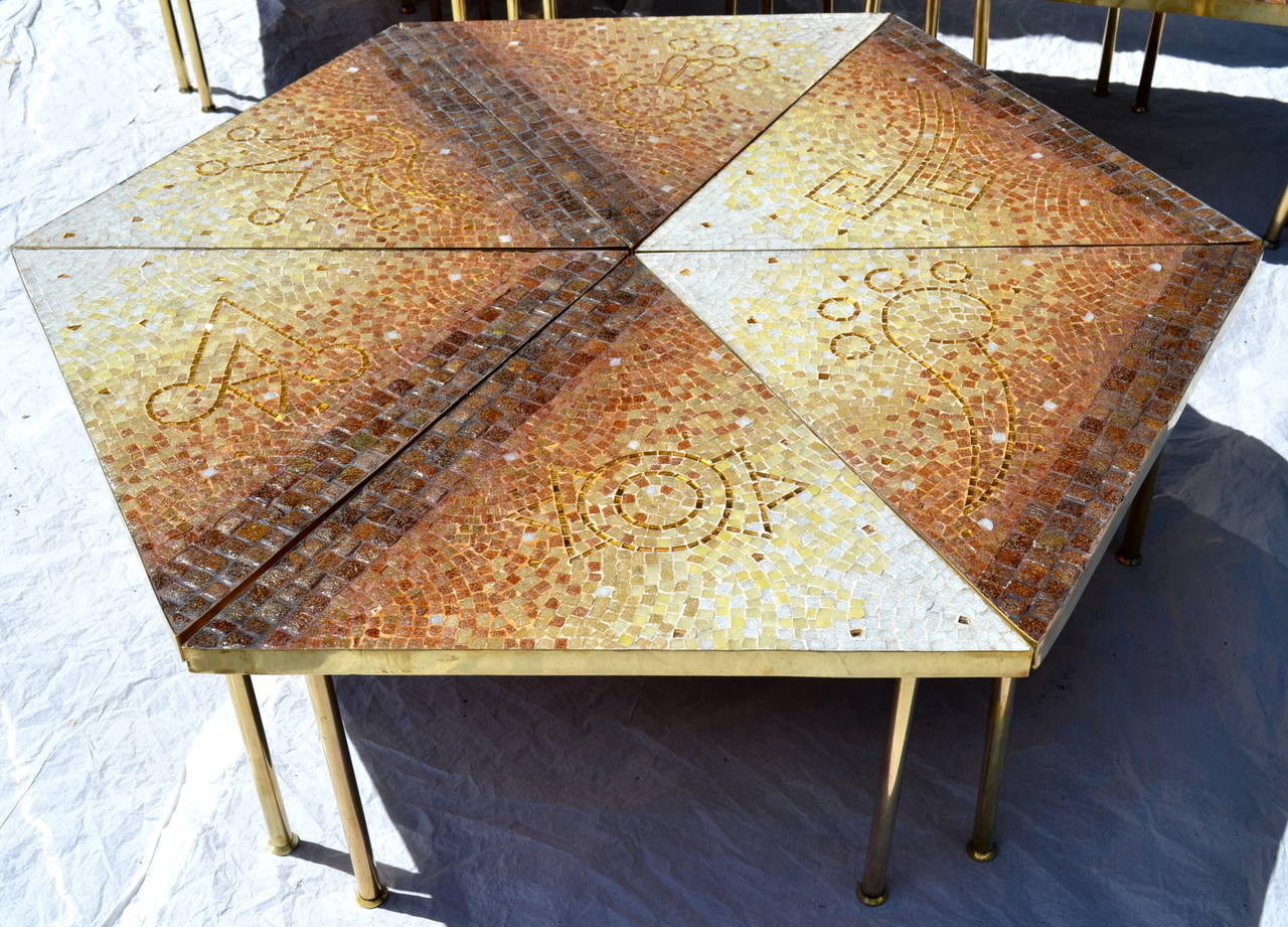 Rare Genaro Alvarez Brass and Glass Tile Six-Piece Mosaic Coffee Table, Mexico 1