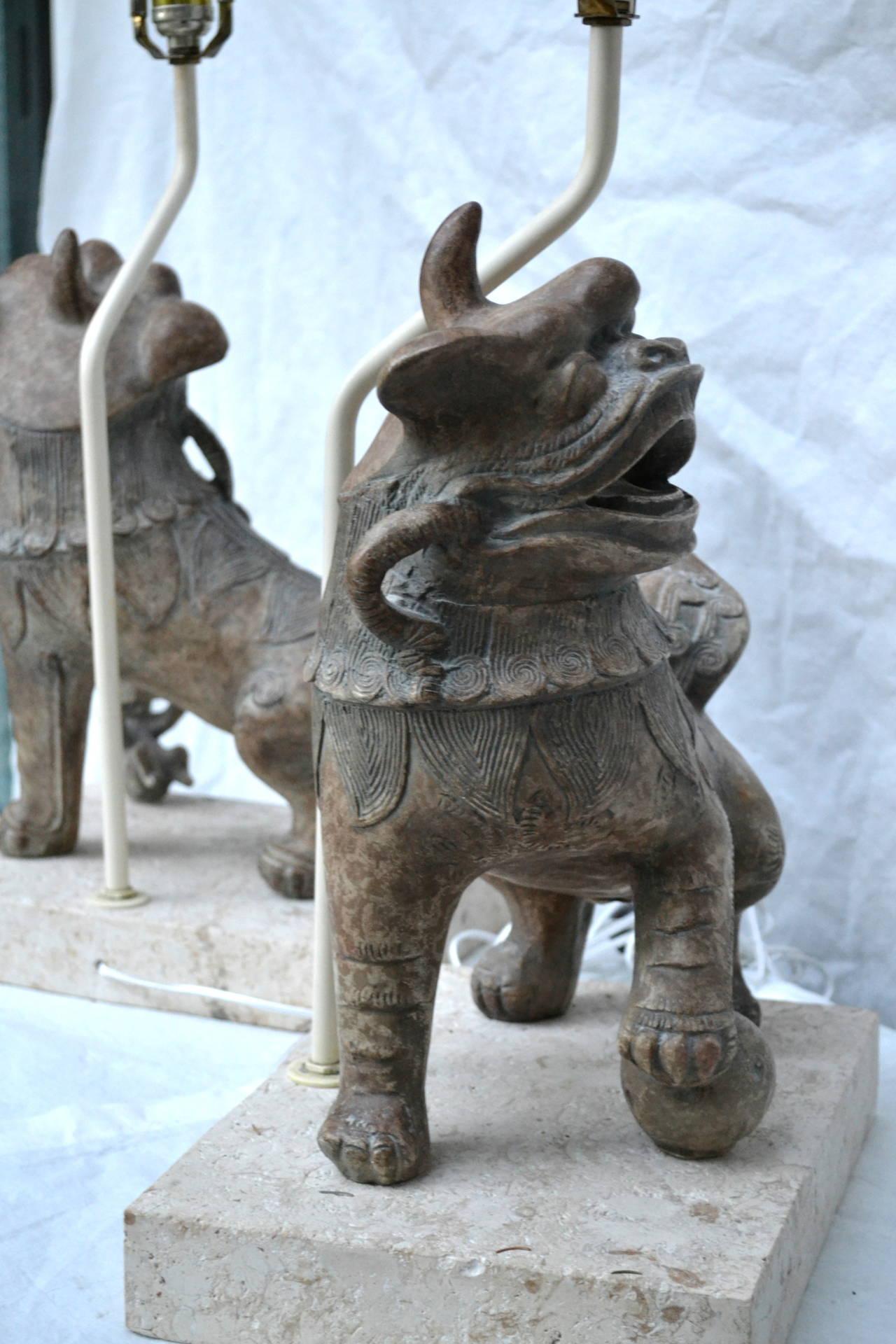 Pair of Ceramic Foo Dog Lamps on Coral Stone Bases, circa 1960 3