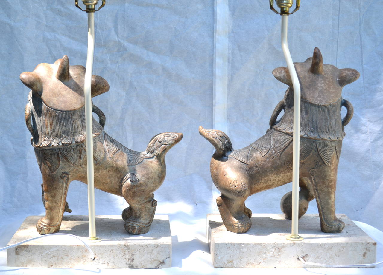 Glazed Pair of Ceramic Foo Dog Lamps on Coral Stone Bases, circa 1960