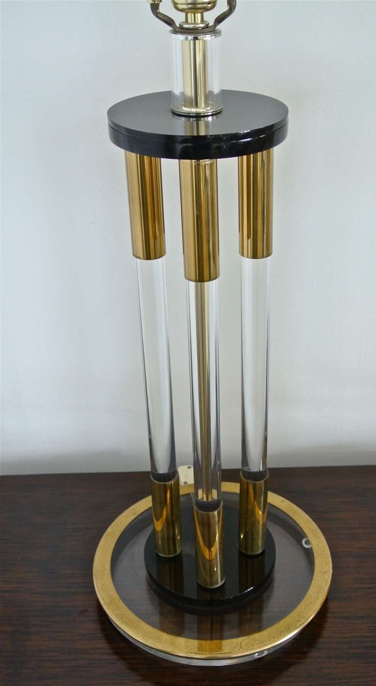 American Pair of Vintage Lucite and Brass Table Lamps, circa 1970
