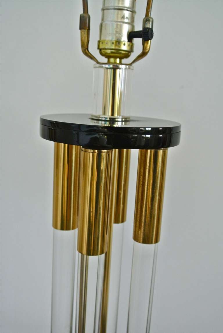 Pair of Vintage Lucite and Brass Table Lamps, circa 1970 In Good Condition In Camden, ME