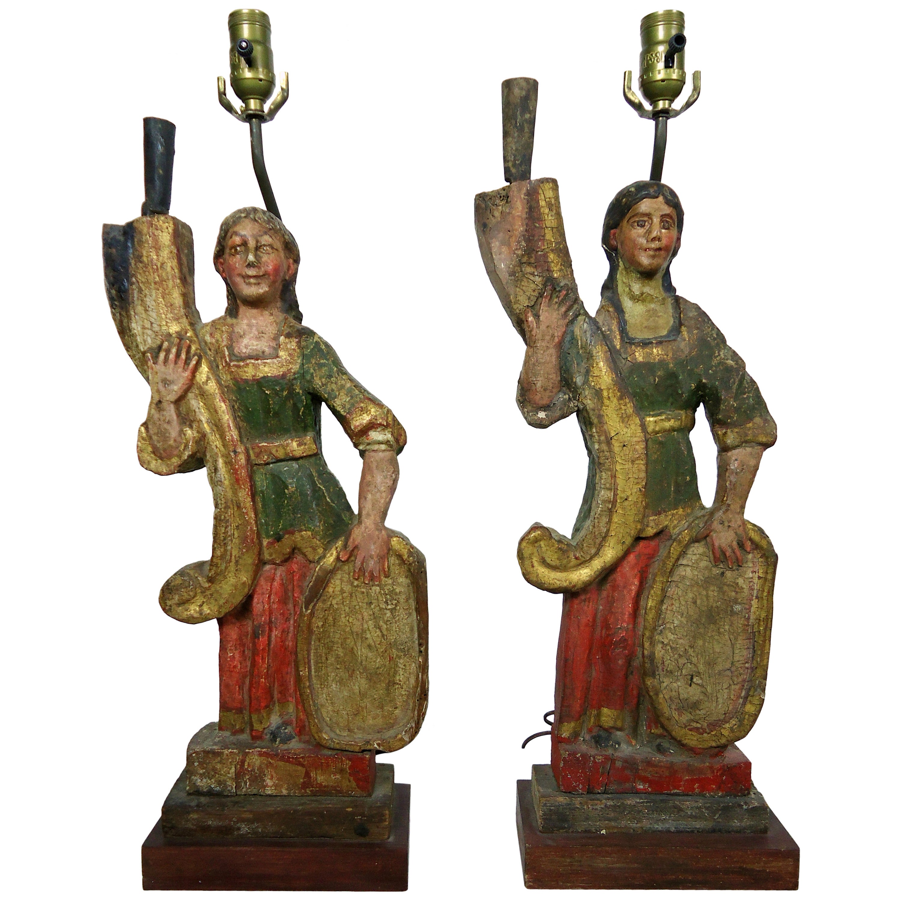 Carved 18th-19th Century Italian Polychrome Candelabra Table Lamps For Sale