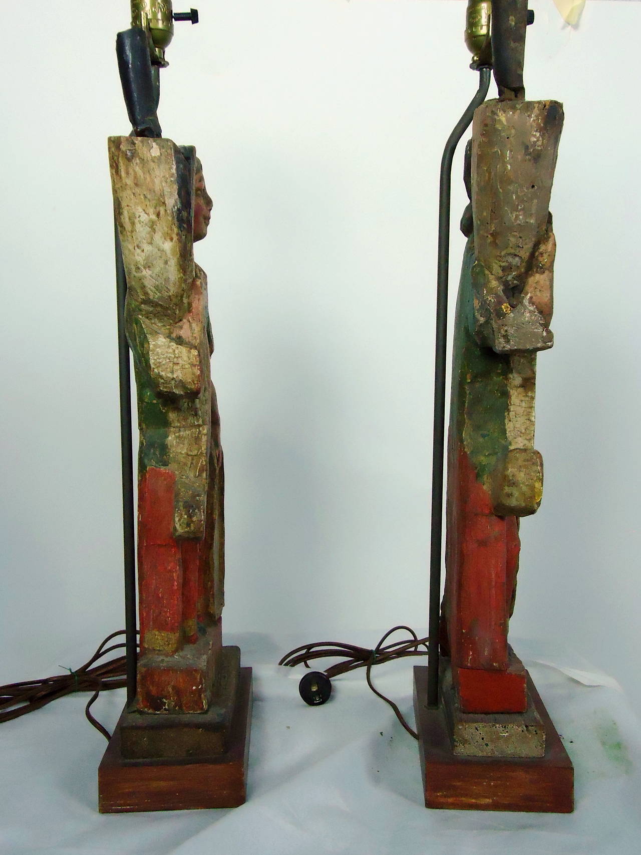Mexican Carved 18th-19th Century Italian Polychrome Candelabra Table Lamps For Sale