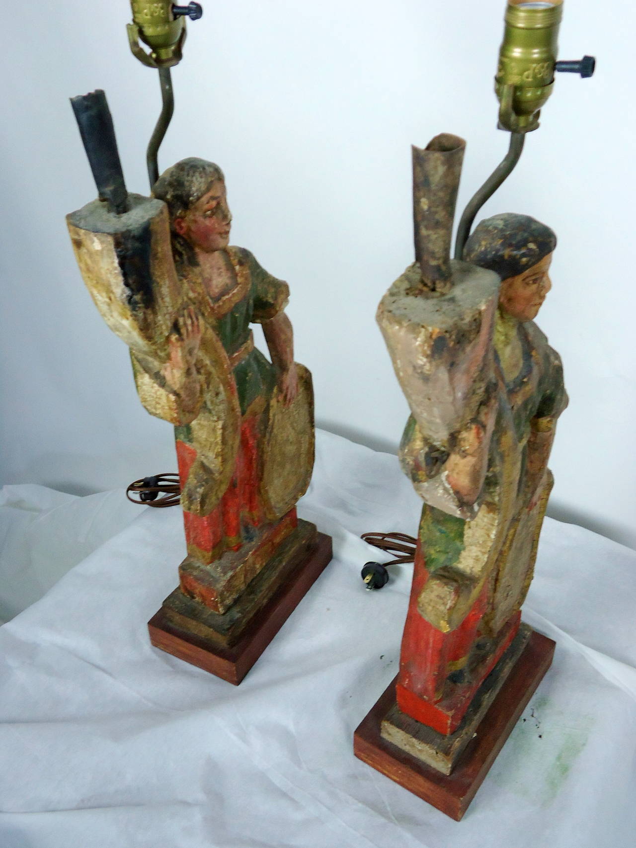 Carved 18th-19th Century Italian Polychrome Candelabra Table Lamps In Good Condition For Sale In Camden, ME