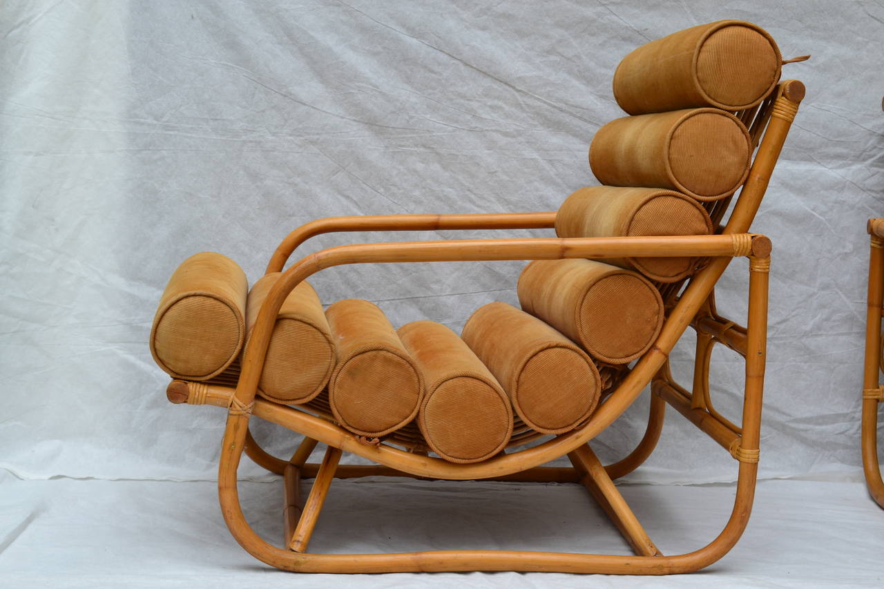 Mid-Century Modern Pair of Dutch Style Bamboo Rattan Lounge Chairs, circa 1960