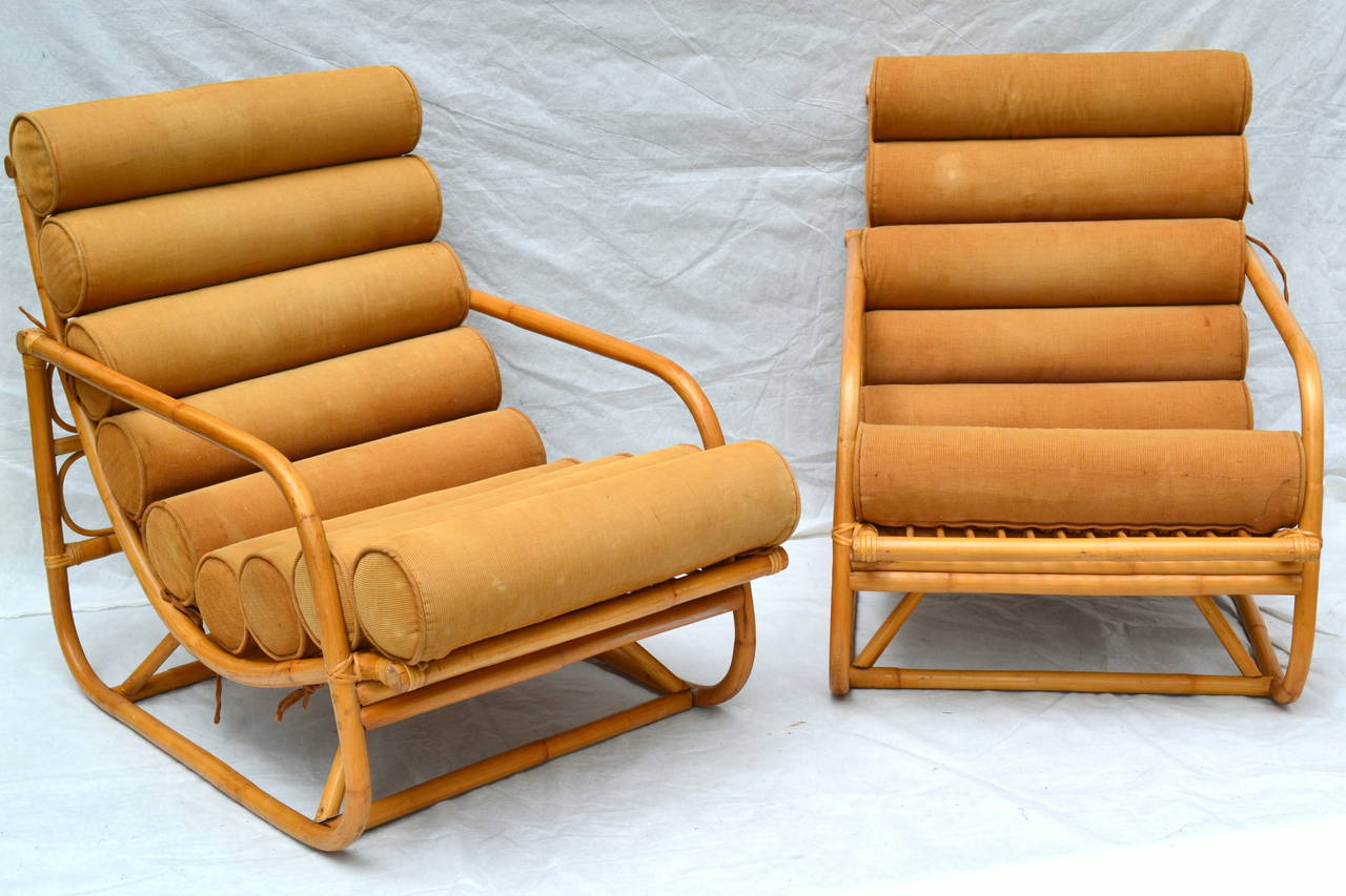 Pair of Dutch Style Bamboo Rattan Lounge Chairs, circa 1960 3