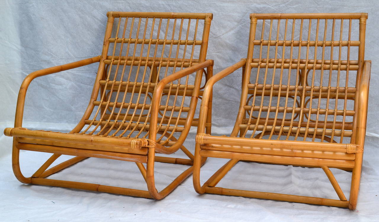 Hand-Crafted Pair of Dutch Style Bamboo Rattan Lounge Chairs, circa 1960