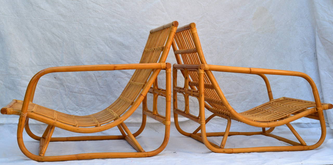 Pair of Dutch Style Bamboo Rattan Lounge Chairs, circa 1960 2